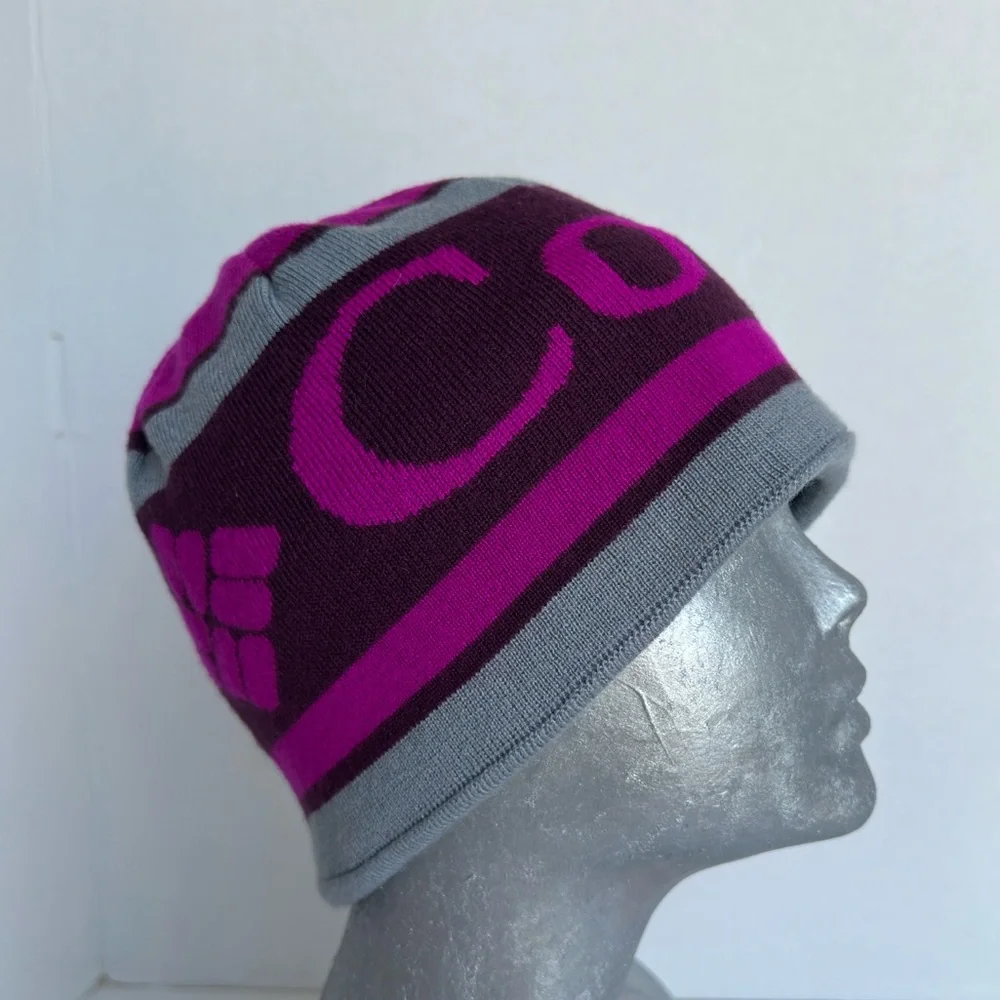 Columbia Omni Heat Lined Beanie Hat Purple Gray Stripe Winter Ski Hiking Cap